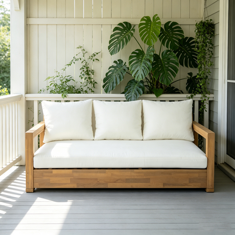 67" Outdoor 3-Seater Sofa Couch, Acacia Wood Patio Daybed with 6" Thicker Cushions, Water-Resistant & Removable Covers