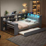 Twin Platform Bed with Storage Shelves & Pull-out Trundle, Upholstered Daybed with LED Light, Desk & Charging Station