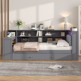 Twin Platform Bed with Storage Shelves & Pull-out Trundle, Upholstered Daybed with LED Light, Desk & Charging Station
