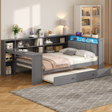 Twin Platform Bed with Storage Shelves & Pull-out Trundle, Upholstered Daybed with LED Light, Desk & Charging Station