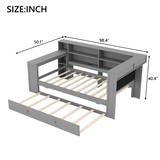 Twin Platform Bed with Storage Shelves & Pull-out Trundle, Upholstered Daybed with LED Light, Desk & Charging Station