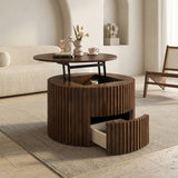 Round Lift-Top Coffee Table, Fluted Accent Coffee Table with Hidden Storage & Drawer, Solid Wood Center Table End Table