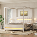 Queen Size Upholstered Canopy Platform Bed with LED Lights, Padded Headboard, No Box Spring Needed