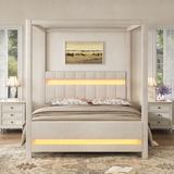 Queen Size Upholstered Canopy Platform Bed with LED Lights, Padded Headboard, No Box Spring Needed