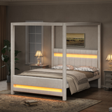 Queen Size Upholstered Canopy Platform Bed with LED Lights, Padded Headboard, No Box Spring Needed