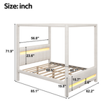 Queen Size Upholstered Canopy Platform Bed with LED Lights, Padded Headboard, No Box Spring Needed