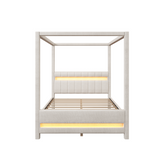 Queen Size Upholstered Canopy Platform Bed with LED Lights, Padded Headboard, No Box Spring Needed
