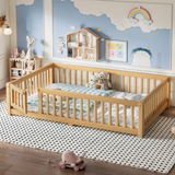 Montessori Floor Bed with Safety Guardrails & Door, Low Profile Toddler Bed Wooden Kids Bed Frame