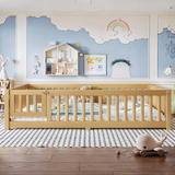 Montessori Floor Bed with Safety Guardrails & Door, Low Profile Toddler Bed Wooden Kids Bed Frame