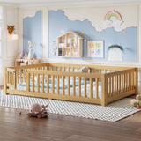 Montessori Floor Bed with Safety Guardrails & Door, Low Profile Toddler Bed Wooden Kids Bed Frame