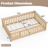 Montessori Floor Bed with Safety Guardrails & Door, Low Profile Toddler Bed Wooden Kids Bed Frame