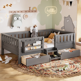Kids Daybed with Bookshelf and 2 Drawers, Twin Wood Toddler Bed Low Profile Bed Frame with Safety Stairs & Guardrails