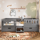 Kids Daybed with Bookshelf and 2 Drawers, Twin Wood Toddler Bed Low Profile Bed Frame with Safety Stairs & Guardrails