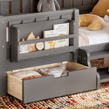 Kids Daybed with Bookshelf and 2 Drawers, Twin Wood Toddler Bed Low Profile Bed Frame with Safety Stairs & Guardrails