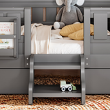 Kids Daybed with Bookshelf and 2 Drawers, Twin Wood Toddler Bed Low Profile Bed Frame with Safety Stairs & Guardrails