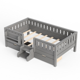Kids Daybed with Bookshelf and 2 Drawers, Twin Wood Toddler Bed Low Profile Bed Frame with Safety Stairs & Guardrails