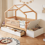 Playhouse Toddler Bed Frame with Lift-Top Chest, Pine Wood House Bed with Safety Railings, Gate & 2 Drawers, Natural+White