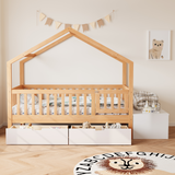 Playhouse Toddler Bed Frame with Lift-Top Chest, Pine Wood House Bed with Safety Railings, Gate & 2 Drawers, Natural+White
