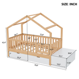 Playhouse Toddler Bed Frame with Lift-Top Chest, Pine Wood House Bed with Safety Railings, Gate & 2 Drawers, Natural+White
