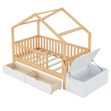 Playhouse Toddler Bed Frame with Lift-Top Chest, Pine Wood House Bed with Safety Railings, Gate & 2 Drawers, Natural+White