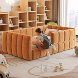 Velvet Toddler Floor Bed Frame with Removable Guardrails, Padded Square Tufted Daybed Low-Profile Bed, Fits 52" x 28" Mattress