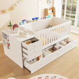 2-in-1 Convertible Baby Crib to Toddler Bed Daybed, Wood Platform Bed Frame with Changing Table & 6 Drawers, White