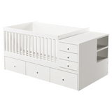 2-in-1 Convertible Baby Crib to Toddler Bed Daybed, Wood Platform Bed Frame with Changing Table & 6 Drawers, White