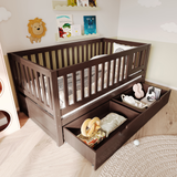 3-in-1 Convertible Crib Toddler Bed to Kids Daybed, Pine Wood Transition Bed Frame with 2 Drawers & Removable Guardrails