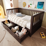 3-in-1 Convertible Crib Toddler Bed to Kids Daybed, Pine Wood Transition Bed Frame with 2 Drawers & Removable Guardrails
