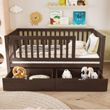 3-in-1 Convertible Crib Toddler Bed to Kids Daybed, Pine Wood Transition Bed Frame with 2 Drawers & Removable Guardrails