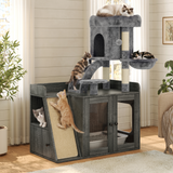 All-in-One Cat Tree & Litter Box Enclosure with LED Light, Modular Cat Tower with Sisal Scratching Board, Storage & Acrylic Doors