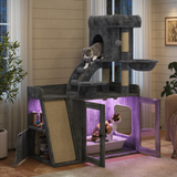 All-in-One Cat Tree & Litter Box Enclosure with LED Light, Modular Cat Tower with Sisal Scratching Board, Storage & Acrylic Doors