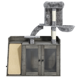 All-in-One Cat Tree & Litter Box Enclosure with LED Light, Modular Cat Tower with Sisal Scratching Board, Storage & Acrylic Doors