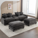 111" Chenille Upholstered Sectional Sofa, Double Cushion Couch with 2 Ottomans, USB Ports, Cup Holders & Hidden Storage