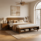 King Size Platform Bed Frame with Footboard Storage, Mid-Century Modern Wooden Bed Frame, Walnut