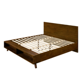 King Size Platform Bed Frame with Footboard Storage, Mid-Century Modern Wooden Bed Frame, Walnut