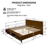 King Size Platform Bed Frame with Footboard Storage, Mid-Century Modern Wooden Bed Frame, Walnut