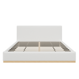 Queen Elegant Upholstered Bed, Soft Low-Profile Platform Bed Frame with Natural Wood Base, White
