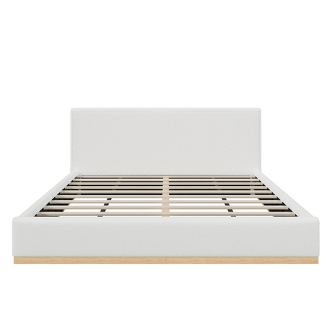 Queen Elegant Upholstered Bed, Soft Low-Profile Platform Bed Frame with Natural Wood Base, White