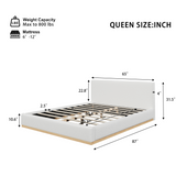 Queen Elegant Upholstered Bed, Soft Low-Profile Platform Bed Frame with Natural Wood Base, White