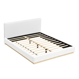 Queen Elegant Upholstered Bed, Soft Low-Profile Platform Bed Frame with Natural Wood Base, White