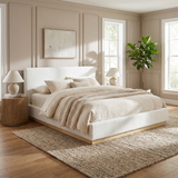 Queen Elegant Upholstered Bed, Soft Low-Profile Platform Bed Frame with Natural Wood Base, White