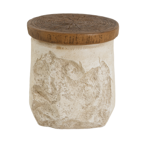 Outdoor MGO Side Table, Patio End Table Stone-Effect Base with Faux Wood Top, Rustic Accent Table for Indoor/Outdoor Use, Beige