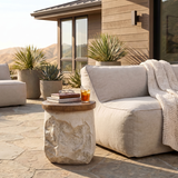 Outdoor MGO Side Table, Patio End Table Stone-Effect Base with Faux Wood Top, Rustic Accent Table for Indoor/Outdoor Use, Beige