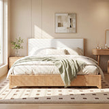 King Size Platform Bed Frame with White Upholstered Headboard, Solid Wood & Plywood Frame for Kids/Teens/Adults
