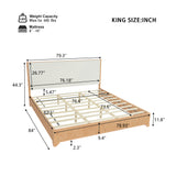King Size Platform Bed Frame with White Upholstered Headboard, Solid Wood & Plywood Frame for Kids/Teens/Adults