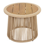 Round Rope Side Table with Acacia Wood Top, Outdoor Patio Accent End Table, Coastal Boho Woven Side Table
