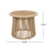 Round Rope Side Table with Acacia Wood Top, Outdoor Patio Accent End Table, Coastal Boho Woven Side Table