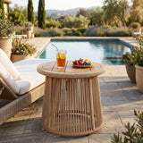 Round Rope Side Table with Acacia Wood Top, Outdoor Patio Accent End Table, Coastal Boho Woven Side Table