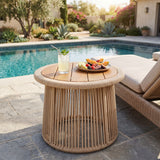 Round Rope Side Table with Acacia Wood Top, Outdoor Patio Accent End Table, Coastal Boho Woven Side Table